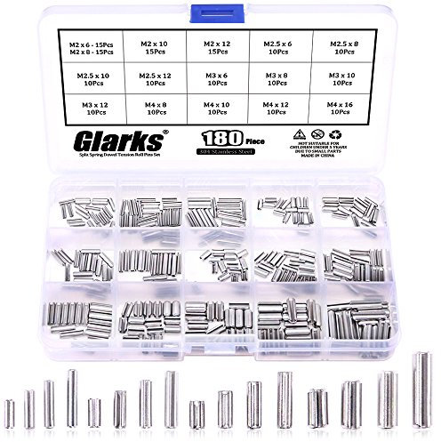 Glarks 180PCS m2 m2.5 m3 M4 scanalato primavera pin assortimento kit, Split Spring Dowel Tension roll pins – 304 in acciaio INOX