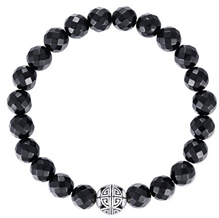 MetJakt Natural 8mm piedras preciosas Curación Crystal Stretch moldeado pulsera brazalete con plata de ley 925 doble felicidad colgante (Ónix negro)