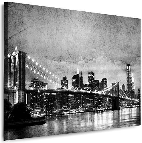 Julia-Art Leinwandbilder Skyline - New York Bilder - XXL Wandbild mit Keilrahmen - 70 mal 50 cm - Querformat 1 teilig - Schwarz Weiß Kunstdrucke Stadt NY City Statue, Brücke N-c-100-a-24