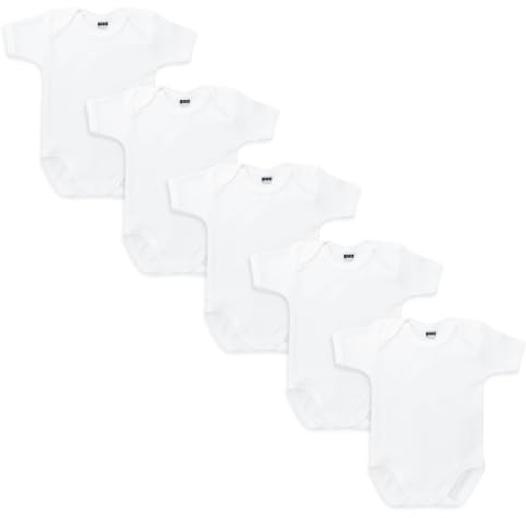 MEA BABY 5er Pack Baby Body Kurzarm Unisex aus 100% Baumwolle, atmungsaktiver Einteiler für Sommer, Unterwäsche & Schlafanzug für Jungen und Mädchen mit Schlupfkragen, Weiß