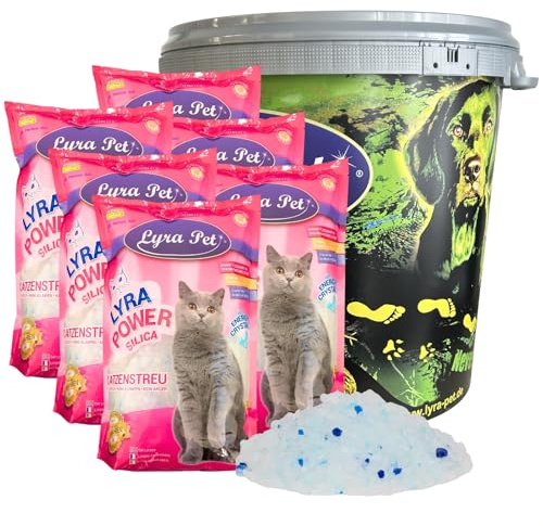 Lyra Pet® 6 x 5 L = 30 L Lyra Power Silica Silikat Katzenstreu + 30 L Tonne | Keine Klumpenbildung - Neutralisiert den Geruch - Staubfrei & unparfümiert - Hygienisch & saugstark - Saubere Wohnung
