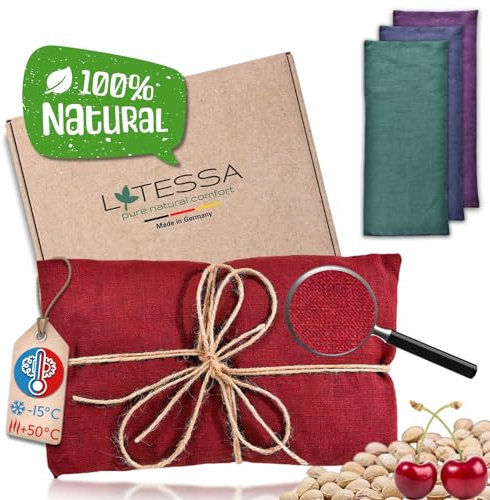 LATESSA® Kirschkernkissen, 100% Leinenstoff, modern & nachhaltig, extra hochwertig, Körnerkissen für Mikrowelle, Nacken, Schulter, Bauch & Rücken, Wärmekissen für Baby Kinder & Erwachsene, rot
