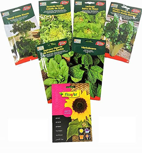 Semillas sobre hortaliza de huerto lote 6 sobres + 1 de regalo. Lote: perejil, escarola, lechuga, acelga, espinaca, hierbabuena. Regalo: girasol gigante ornamental