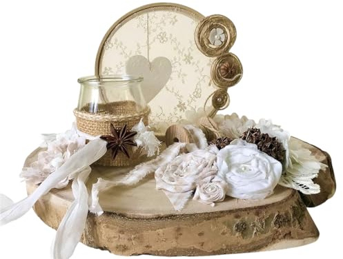 TULLE E MERAVIGLIE Centrotavola con lanterna, decorazione per la tavola con portacandela in vetro,Centrotavola Legno e Tessuto
