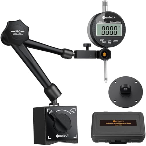 Neoteck Digital Dial Indicator Gauge with Magnetic Base, 0-1/0.0005, 80 KG Pull Force, Inch/Metric for CNC and 3D Printer-black