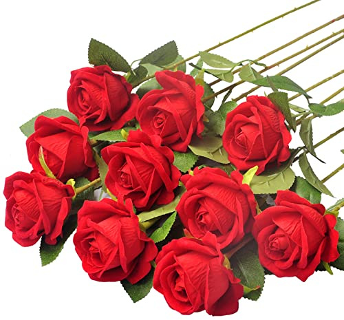Huspox Fake Red Roses Artificial Flowers with Stems, Red, 10pcs | Realistic Velvet Roses for Decoration Bouquet Wedding Floral DIY Arrangement
