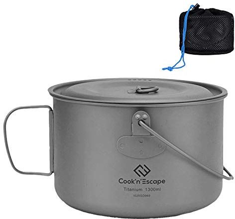COOK'N'ESCAPE 1300 ml Titan-Hängetopf mit Deckel, Kochgeschirr-Topf mit faltbarem klappbarem Bügelgriff, Outdoor, Camping, Trinkbecher, Rucksackreisen, Wandern, Lagerfeuer