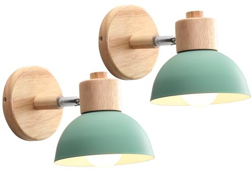 iDEGU 2 Piezas Apliques de Pared Moderno, Lámparas de Pared para Dormitorio Simple E27 Iluminación Interior Luz de Pared en Madera Hierro Ajustable Foco de Pared para Pasillo Salón Cafetería (Verde)