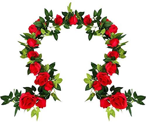 UKELER 2 Pack 14FT Artificial Rose Vines Red Flower Garland Artificial Rose Flowers with Green Leaves Floral Plant for Wedding Arch Party Garden Craft Home Decor