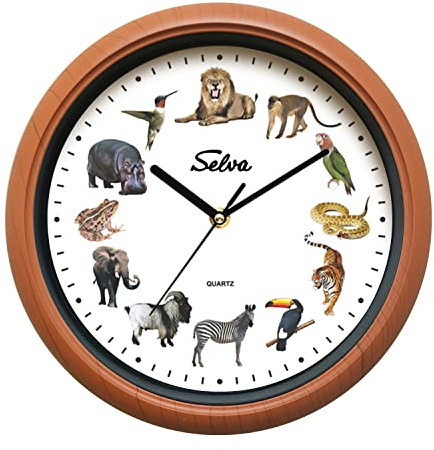 SELVA Tieruhr, Wanduhr, mit Tierlauten zu jeder Stunde und farbenfrohe Illustrationen, Gehäuse aus Kunststoff, Holzoptik, Farbe:Zoo
