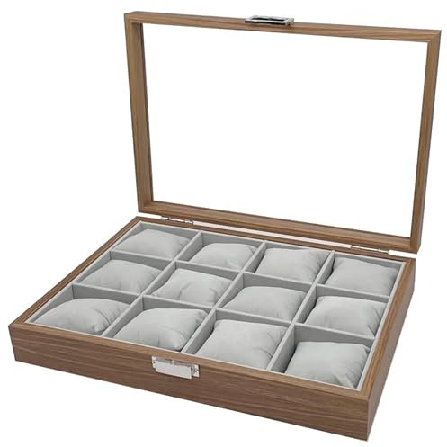 mixed24 Holz Uhrenkoffer für 12 Uhren Dunkelbraun Uhrenpräsentation Uhrenaufbewahrung Uhrenbox Armbanduhren Präsentation