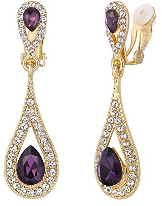 EVER FAITH Ohrclips Damen österreichischen Kristall Braut Luxus 2 Teardrop Hochzeit Clip-On Ohrringe Lila Silber-Ton