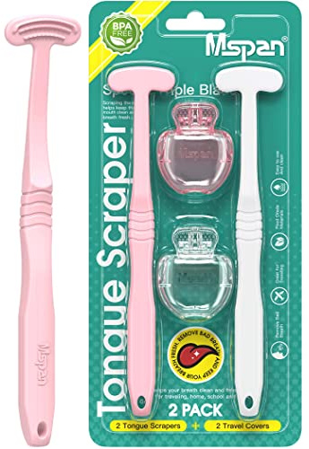 Mspan Tongue Scraper Cleaner Brush: Tongue Care Cleaning Scrubber with Plastic Travel Case Cover for Adults kids - Clean Oral Bad Breath Pink White 2 Pack