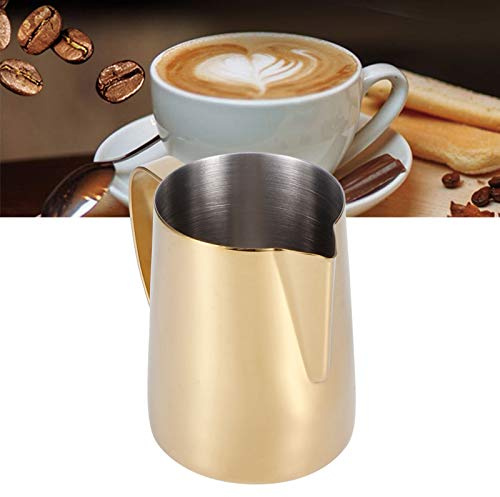 Tomotato Milchschaum Krug, 9×8cm Gold Edelstahl Milchkännchen Aufschäumkännchen mit Spitzer Ausguss Kaffee Dampfkrug für Kaffee, Cappuccino, Latte (350ml)
