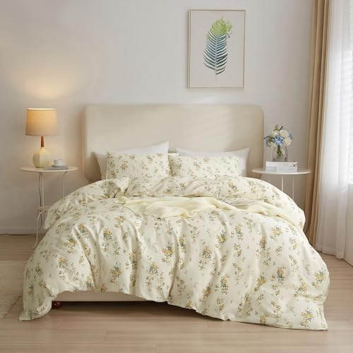 AMWAN Yellow Botanical Floral Duvet Cover Queen Chic Garden Bedding Sets Cotton Aesthetic Comforter Vintage Flower for Girls Women Cottagecore Set
