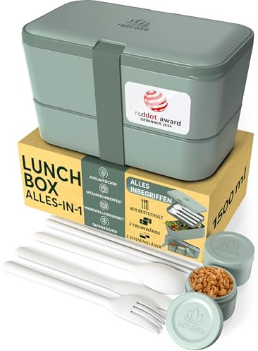 Umami Lunchbox Erwachsene, Verschachtelbar Auslaufsichere Bento Box mit 4 Bestecke & Fächern, Brotdose Erwachsene, Salatbehälter To-Go, Lunch Box für Picknick/Büro, Schiefergrün, 1500 ml