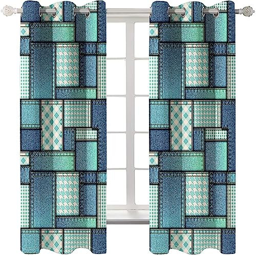 Homxi Vorhang Blickdicht 2er Set,2 x 137W x 183H cm,Gardinen Blickdicht Blau Geometriemuster Ösenvorhang Gardine