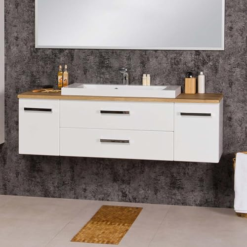 Quentis Badmöbelset Susan Breite 140 cm, weiß glänzend/Eiche Natur, Waschbecken mit Waschbeckenunterschrank montiert