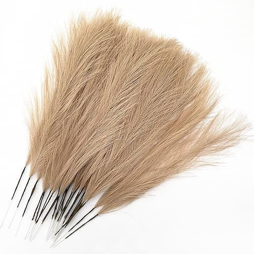 Faux Pampas Grass Plants Artificial Reeds Decoration Set of 28 Stems 17” Fake Florals Bulrush Fluffy Beige Branches for Boho Home Wedding Party Vase Fillers Christmas DIY Feathers Décor - Khaki 28 Pcs