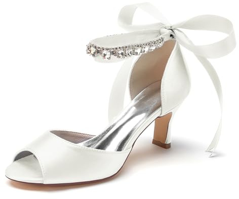 Hanfike JY146 - Sandali da donna con tacco basso, scarpe da sposa con nastro, avorio, 39.5 EU