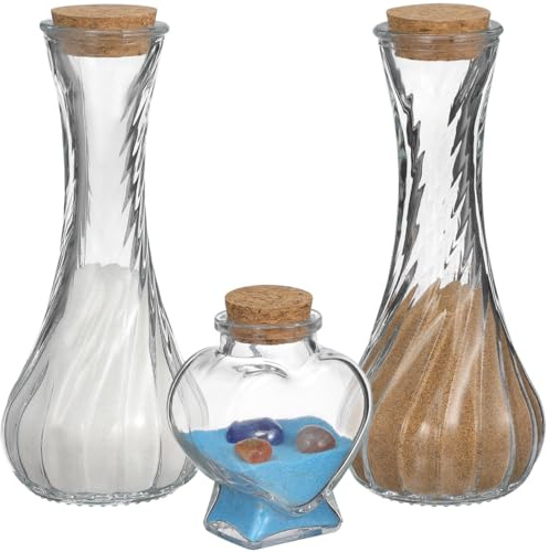 Zerodeko 3 Pièces Kit Rituel de Sable Mariage Coeur Bouteille en Verre | Flacons Transparents avec Bouchons en Liège Naturel pour Cérémonie Laïque, Comprend 2 Bouteilles 130ml et 1 Vase Cœur