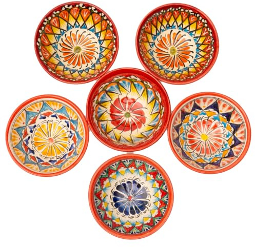 PODARI 6 Keramikschalen 200 ml Piyola klein handgefertigt Muster (Rot-Oranger Rand) - Usbekischer Schälchen mit handbemaltem Design | Teetasse | Schale Bunt Keramik | Dipschälchen
