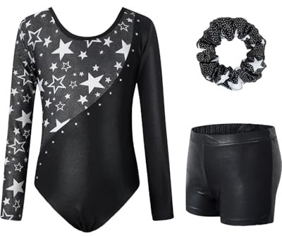 JiAmy Gymnastikanzug Mädchen, Turnanzug Turnshorts Haarband Set Turnanzug Leotard Set für 3-12 Jahre