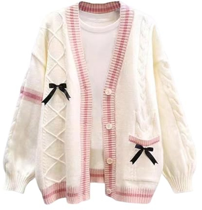 FindThy Kawaii JK skoluniform koftor långärmad cardigan med knäppt rosett, BEIgE, One Size