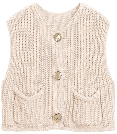 Hixiaohe Womens Crochet Chunky Knit Top Sleeveless Button Down Crop Tops Trendy Cardigan Sweater Vest for Women with Pockets(Beige,M)