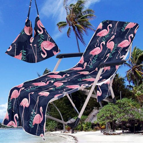 Treer Beach Chair Cover Towel, Microfiber Beach Towel 3D Flamingos Beach Sunbed Towels, Portable Sun Lounger Towels with Pockets, Towel for Beach Garden Vacation (210x75cm,Style 2)