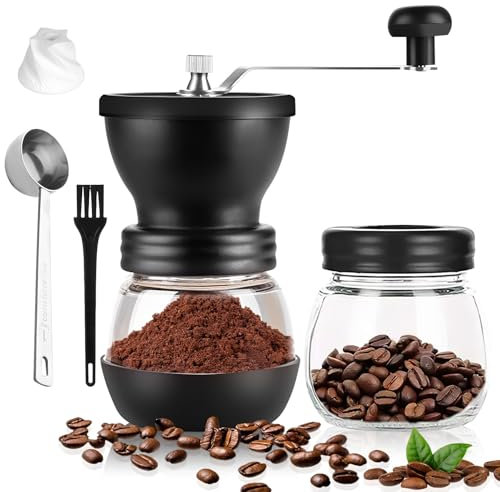Kaffeemühle Manuall Coffee Grinder-Verstellbarer Mahlgrad Handkaffeemühle,Kaffeemühle mit keramikmahlwerk,Tragbare Handkaffeemühle mit 2 Gläsern für Reisen,Zuhause,Büro