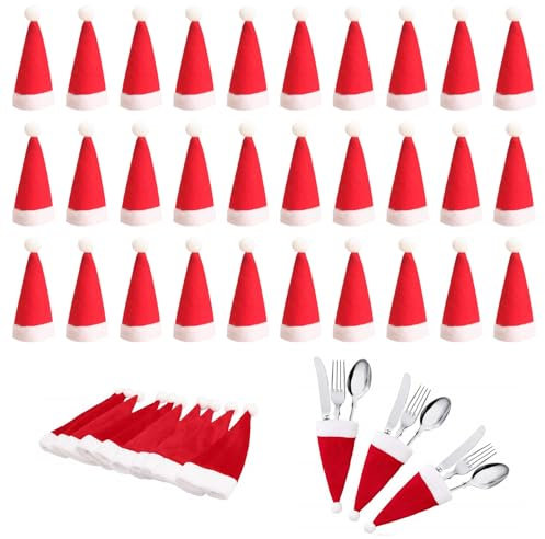 RCYHCY 30 Stück Mini Weihnachtsmütze, Weihnachtsmütze Besteck, Weihnachtsmütze Tischdeko, Weihnachtsmützen Besteckhalter Bestecktasche Weihnachten Nikolausmütze Mini Flaschen Weihnachtsmützen Deko
