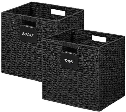 UBBCARE 2 Pack Wicker Basket, 10.5×10.5 Storage Cubes with Label, Foldable Cube Storage Bin with Handle, Square Storage Basket for Shelves, Woven Paper Rope Basket for Organizing, Black