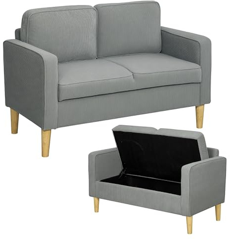 HOMCOM Canapé 2 places petit canapé avec accoudoirs, espace de rangement, moderne Canapé rembourré avec aspect velours côtelé, pieds en bois, coussins, canapé lounge pour salon, chambre à coucher, 117