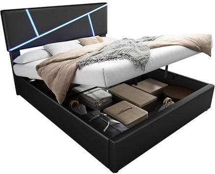 Polsterbett 90 x 200cm, Bettgestell Einzelbett mit Lattenrost, LED Kopfteil Verstellbares, Hydraulisch Stauraum Bett, Jugendbett, Gästebett, Pu, Schwarz, Ohne Matratze
