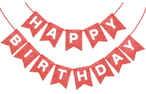 Banner rosso glitterato di buon compleanno, ghirlanda di bandierine da parete per porta bandiera per donne, uomini, ragazzi ragazze sfondo per feste decorazioni