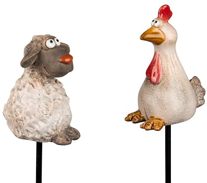 1 Stück Blumenstecker Gartenstecker Schaf oder Huhn aus Steinzeug matt + glänzend kombiniert und handbemalt