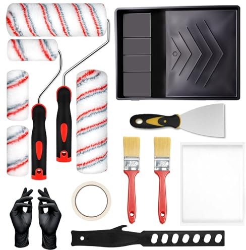 Professional Malerset Farbroller Set, Malerset Streichen 15 Teilig, inkl. Farbroller Wannen, Farbrührstab,Abdeckfolie, Malerpinsel, Mikrofaser Rollerbezüge zum Streichen von Wänden, Decken