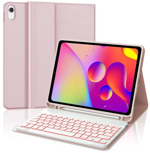 Funda con Teclado para iPad A16 11/10 Generación 2025/2022 11/10.9 Pulgada | QWERTY Español Ñ, Retroiluminado de 7 Colores Bluetooth Desmontable Teclado con Funda Delgada para iPad 11/10 Gen, Rosa