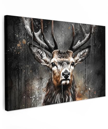 MuchoWow© Bilder Groß XXL Wohnzimmer Deko Modern Wandbild Kunstdruck | 120x80 cm - Leinwand Bild Schlafzimmer über Bett Room Decor Geschenke Hert - Zwart - Dier - Hertenkop