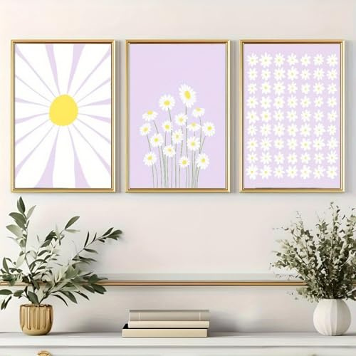 champracer 3er Set Poster Bilder Kinderzimmer Lila Poster & Kunstdrucke Boho Gänseblümchen Wandbilder Bilder Leinwand Mädchen Kinderzimmer Deko, Ohne Rahmen (30 * 40cm)