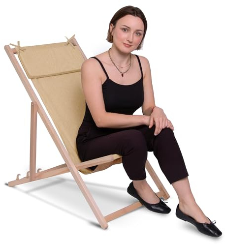 DreamRoots Liegestuhl Holz Kopfstütze Leinenoptik, Desert Sand