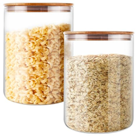 FWEEK Tarros de Cristal con Tapa Hermética 3L, 2 Piezas - Botes de Almacenamiento de Cocina con Tapa de Bambú, Tarro Grande Cristal Ancho para Granos, Frutos Secos, Harina, Cereales