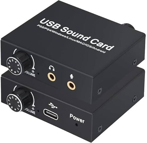 External USB Sound Card, Stereo Sound Card USB Audio Adapter with 3.5mm Headphone and Microphone Port, Volume Control, Bass Adjustment for PS5, Laptops, Desktops, Windows, Mac, Linux, PC