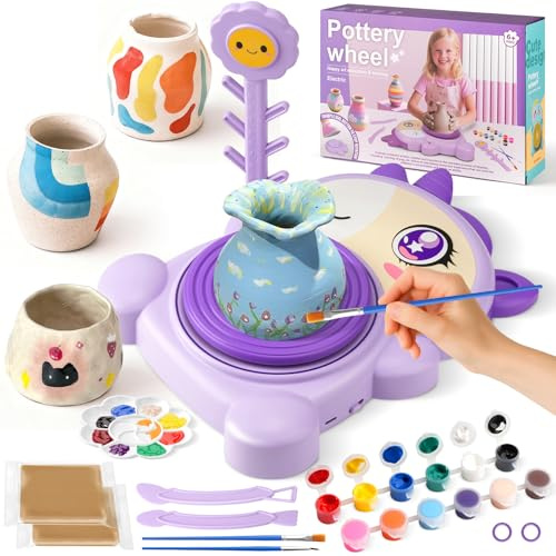 Torno de Alfarería para Niños-Kit Completo de Pintura y Manualidades con 2 Paquetes de Arcilla Autofraguante-Juguete Educativo de Arte para Niñas y Niños de 6 a 14 Años-Regalo Cumpleaños y Navidad