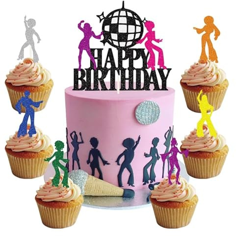Sdhgerh 25 stycken dansdrottning cupcake topper dekorationsset, 70-tals 80-tals disco tårtdekoration, cupcake topper för födelsedag, neonfest, disco boll musik temafest och bröllopsfest