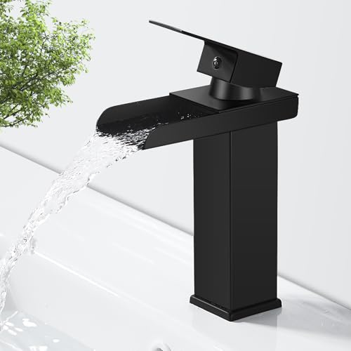 Robinet Salle de Bain Cascade Noir Mitigeur Lavabo avec Bec Hauteur 140mm | Robinet Lavabo Cascade, Mitigeur Salle de Bain en Laiton, Robinetterie Eau Chaude et Froide Disponible, G3/8