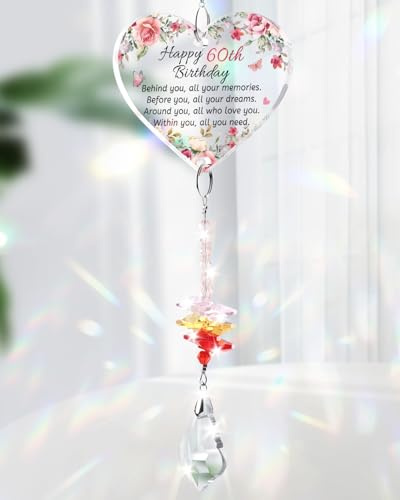 Welsky 60th Birthday Gifts for Women Suncatcher, 60th Birthday Decorations | 60 Years Old Birthday Gifts for Mum Friend Sister Teacher Colleagues, 60th Bday Heart Acrylic Plaque Suncatcher Decor