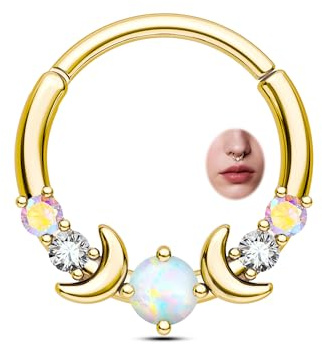 CM Crareesi Mania Opal Septum Ring 316L Stainless Steel Septum Piercing Jewelry 8mm Moon Phase 16G Septum Jewelry Opal Gold Small Daith Earrings for Women