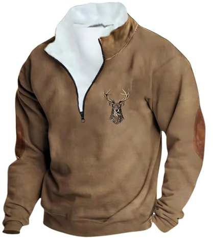 Genérico Chaqueta 1/4 Cremallera Hombres Punto Grueso Casual Manga Larga Capucha Vintage con Cuello Alto Corte Holgado Polo Sudaderas Invierno con Estampado de Ciervo de Caza Jersey